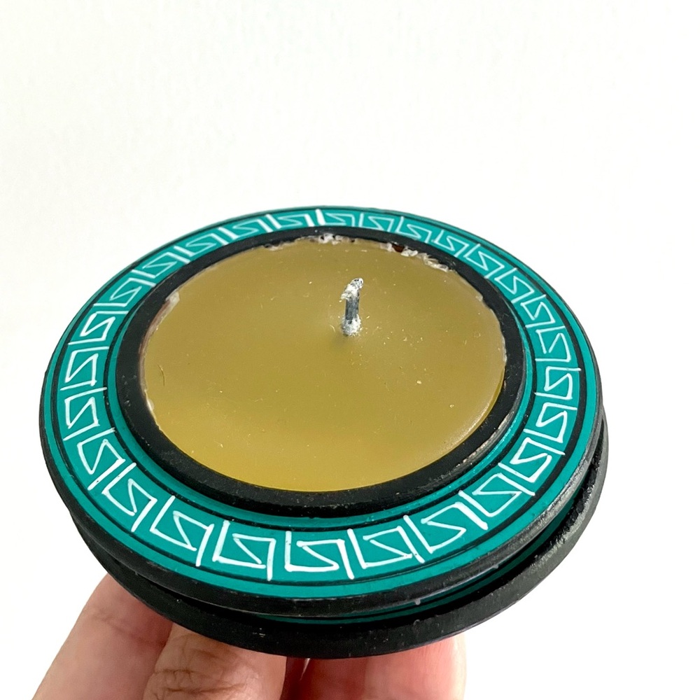 Vintage southwestern hand painted terra cotta pottery lidded candle decor - Picture 2 of 3